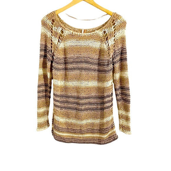 Free People Taupe Beige Gray Ivory Striped Open Loose Knit Sweater, Size Small - Picture 3 of 11